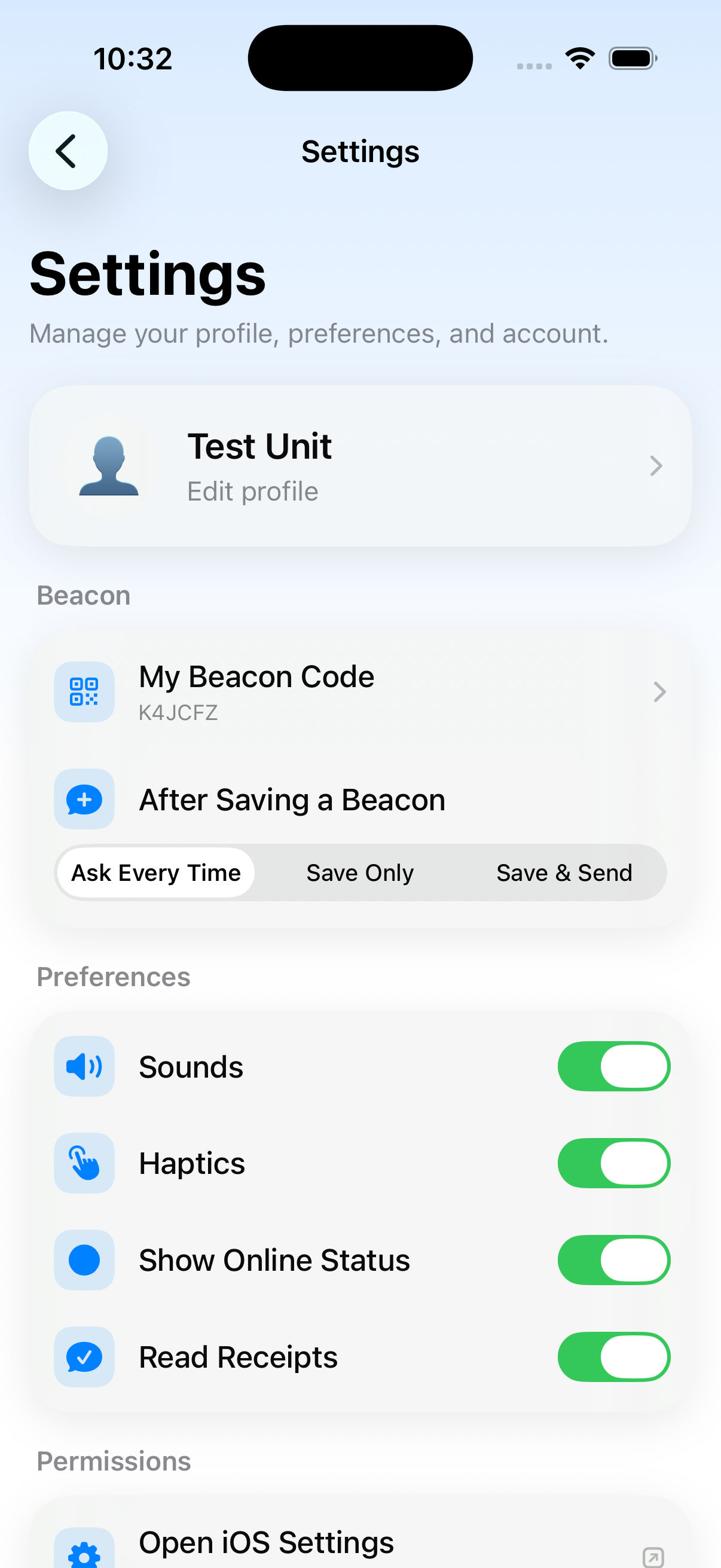 Beacon settings screen