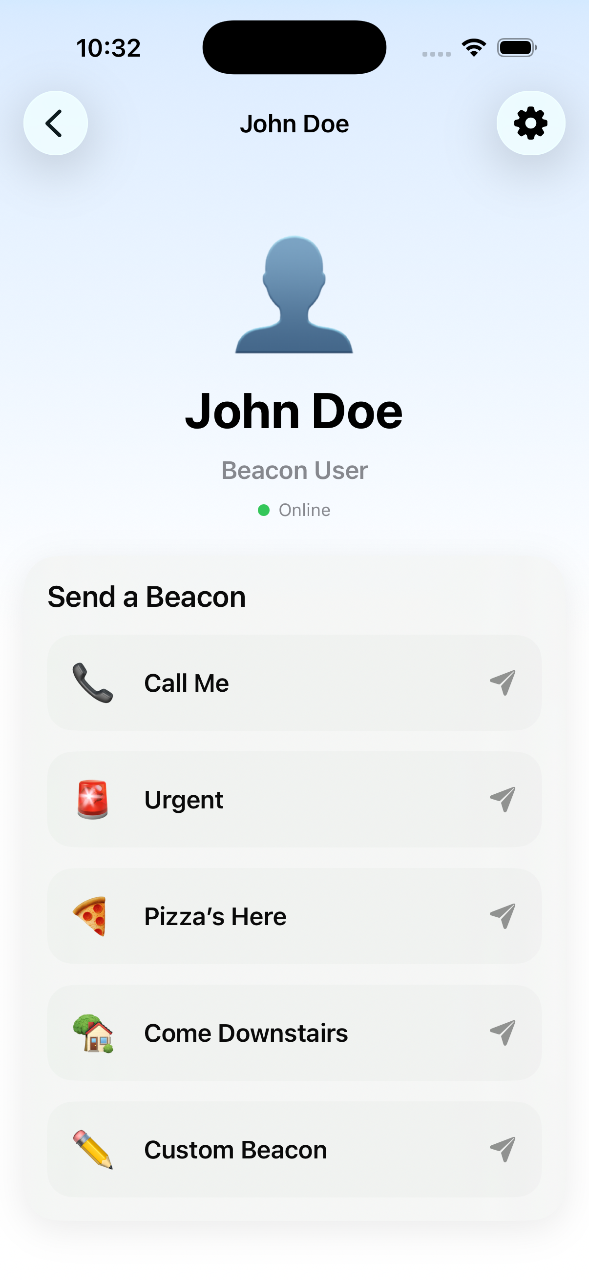 Send a Beacon screen showing quick alerts including Call Me, Urgent, and Pizza's Here